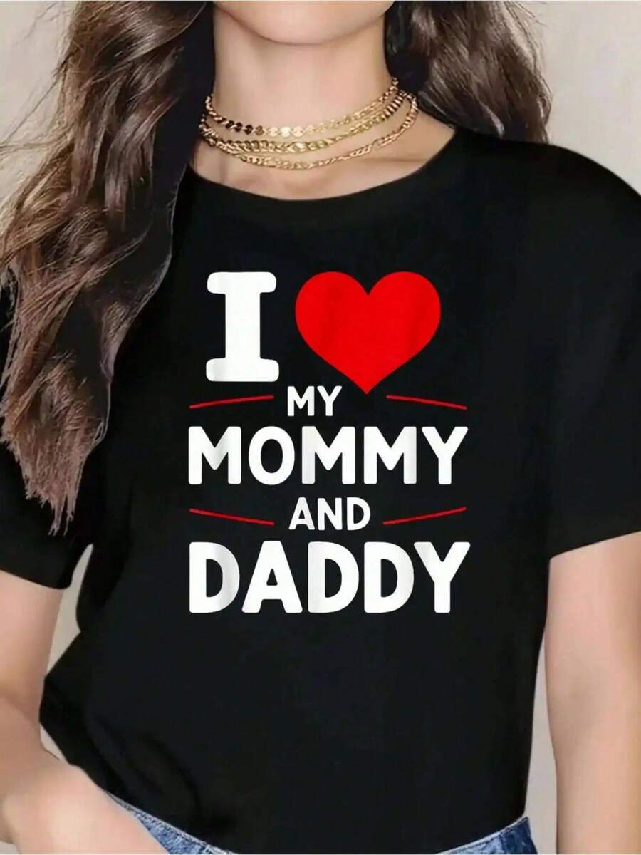 Camiseta de Corazón Rojo para el Día de la Madre y del Padre - 100% Cómoda y Transpirable para Verano, Primavera - Negro - Ver 1