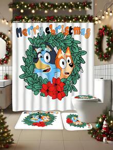 [Christmas Bluey Shower Curtain Window Curtain Set] 1/3/4pcs Christmas Solid Color Santa Hat Bluey Family And Friends Holiday Pattern Printed Shower Curtain Set, Modern Design, Suitable For All Seasons, Waterproof Polyester Hooks And Lining, Flannel Material, Soft Surface, Absorbent Anti-Slip Bathroom Mat, Bathroom Set Includes U-Shaped Mat, Toilet Mat, Anti-Slip Bathroom Mat And Bathroom Accessories, Home Decor, Holiday Decor, Christmas Gift, Daily Decor, Gift Giving