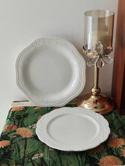 Cabin Kangaroo 1pc/2pcs Vintage Style Embossed Ceramic Plate, Multipurpose Dinner Plate, Western-Style Steak Plate, Daily Household Plate, Dessert Plate