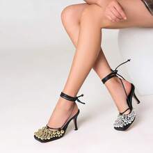 Saint Leia Women's 4IN High Heel Sandals Nude Stiletto Pumps With Gold Silver Pearls Heels For Weddings Parties And Evening WearChristmas - 黑金銀 - 查看 8