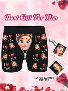 1pc Customized Men's Briefs - Personalized Cartoon & "I Love You" Zipper Design, Customized Men's Underwear | Top Birthday/Anniversary Gift, Ideal Boyfriend Gift, Customizable Men's Underwear, Men's Gift, Christmas Gift, Adult Christmas Stocking Stuffer, Thanksgiving, Thoughtful Versatile Gift For Boyfriend - Multicolor - View 2