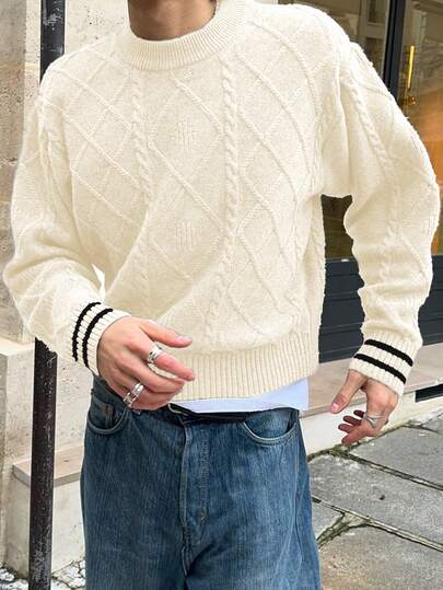 Men's Casual Loose Fit Textured Twist Rope Crew Neck Long Sleeve Pullover Knit Sweater, Versatile For Commute, Autumn/Winter