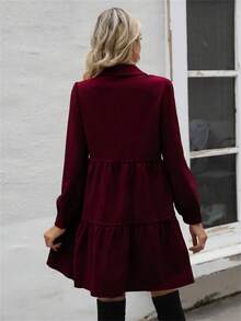 Women's Solid Color Bubble Sleeve Single-Breasted Ruffle Hem Casual Shirt Dress, Autumn - Red - View 5