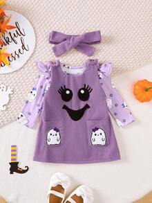 3pcs/Set Baby Girls' Halloween Ghost Print Purple Romper And Cute Ghost Face Embroidered Suspender Skirt Set, Essential Halloween Outfit - Purple - View 1