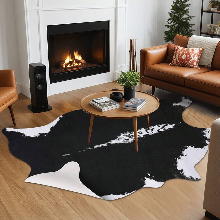 5'2" X 6'3" Faux Cowhide Rug - Cute Cow Print Area Carpet For Living Room & Bedroom | Multi-Color Animal Print Floor Mat For Office & Table Decor - màu đen - Xem 1