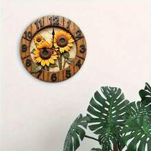 1PC 0x10in Country Sunflower Wooden Wall Clock - Silent Non-Ticking Quartz Movement, Vivid Yellow Sunflower And Green Leaf Design, Natural Wood Surface Treatment, Battery Operated (AA Batteries Not Included) - Perfect For Living Room, Bedroom, Kitchen Decoration - 棕色 - 查看 5