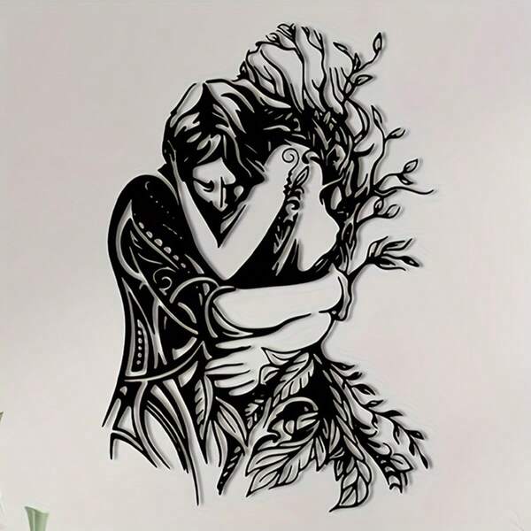 1 pieza Escultura de pared de metal con pareja romántica abrazándose - Decoración de pared de silueta de hierro para boda y aniversario, escultura colgante original para interior, ideal para el hogar y la oficina, regalo único para el Día de San Valentín