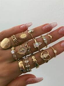 1 pezzo Ritratto di donna vintage, Croce, Cuore, Motivo Mano di Fatima Set di 15 anelli, Gioielli di moda da donna, Anelli cubici di zirconia minimalisti e delicati