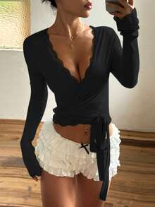 Women's Lace Trim Tie Front Long Sleeve Blouse - Black - View 3