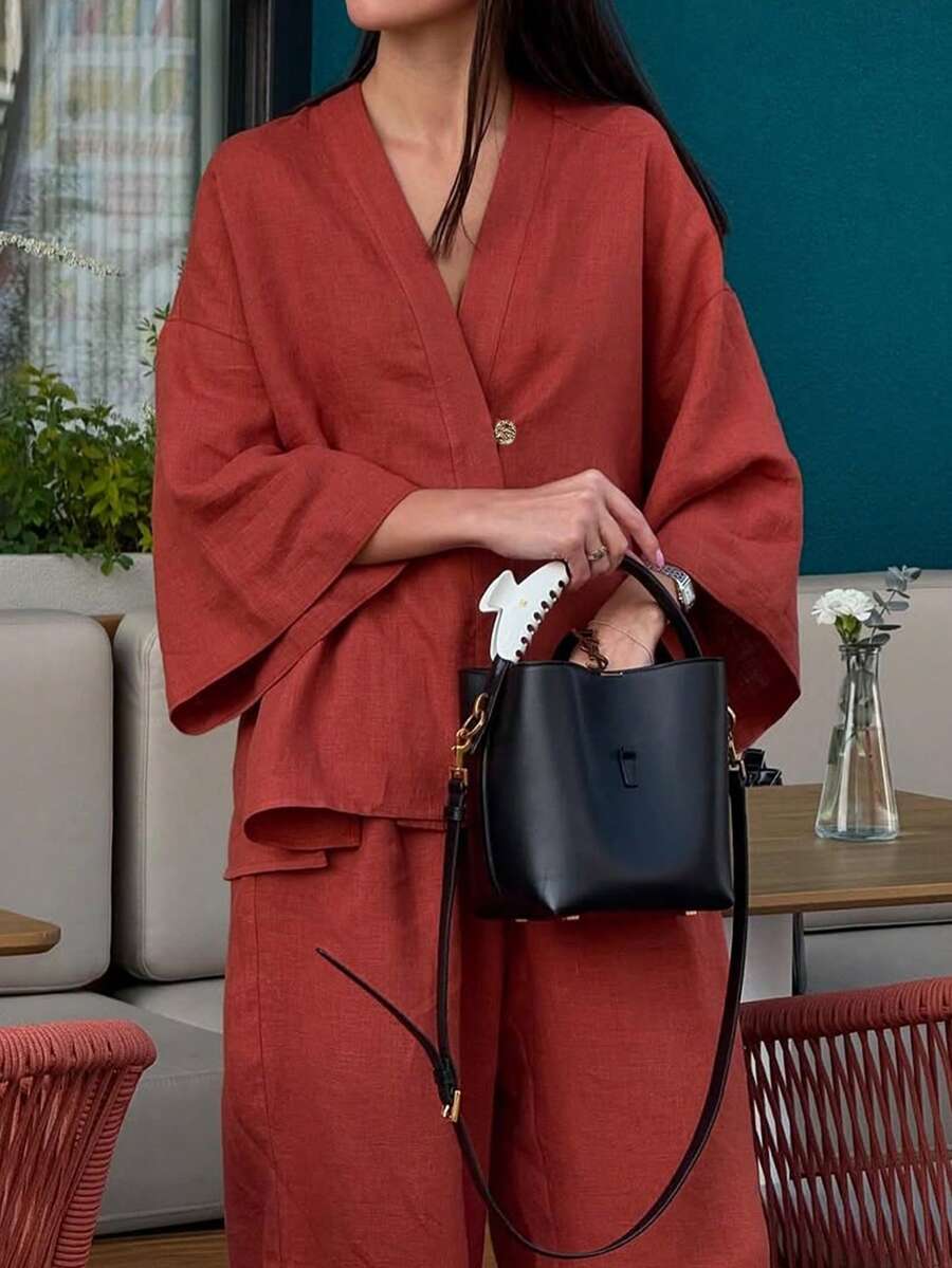 UrbanChic Minimalist 2Pcs V-Neck A-Line Long Pants Suit, Valentine's Day Outfit, Wedding Season, Prom Party, Elegant, Modest, Business Casual Woman, Summer Holiday Outfits, Weddings & Events, Going Out Outfits, Vacation Outfits Women, Beach Outfits For Women, Spring Break Outfits - Redwood - View 1