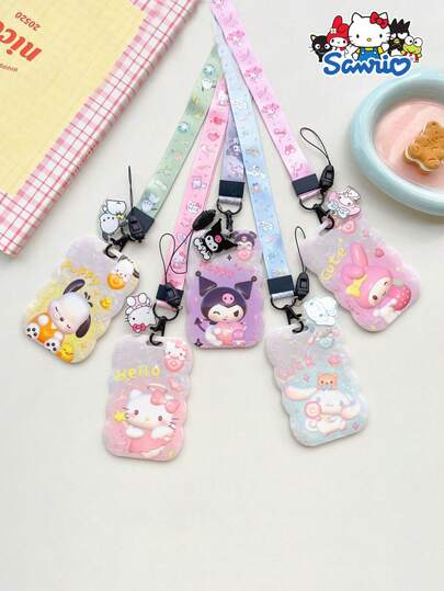 Sanrio 1 pieza Soporte para tarjeta de identificación, tarjeta de autobús y metro con patrón de mármol/denso y cuerda larga para cuello, estilo Sanrio para estudiantes y campus