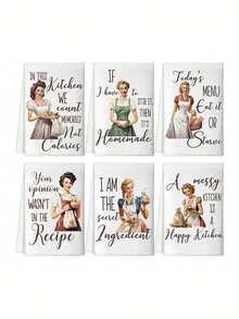 1/6 piezas Paños de cocina divertidos de 40x60cm con frases hilarantes - Paños de té absorbentes de poliéster, diseño de dibujos animados retro, lavables a máquina - Regalos de inauguración de la casa para mujeres, anfitrionas, mamá
