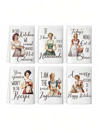 1/6 件 15.7x23.6 英寸趣味厨房洗碗巾，印有搞笑谚语 - 吸水涤纶茶巾，复古卡通设计，可机洗 - 送给女士、女主人、妈妈的乔迁礼物