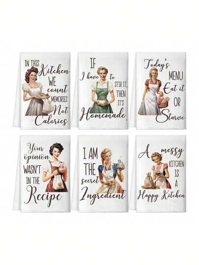 1/6 piezas Paños de cocina divertidos de 40x60cm con frases hilarantes - Paños de té absorbentes de poliéster, diseño de dibujos animados retro, lavables a máquina - Regalos de inauguración de la casa para mujeres, anfitrionas, mamá