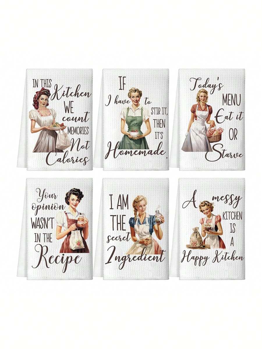 1/6 piezas Paños de cocina divertidos de 40x60cm con frases hilarantes - Paños de té absorbentes de poliéster, diseño de dibujos animados retro, lavables a máquina - Regalos de inauguración de la casa para mujeres, anfitrionas, mamá