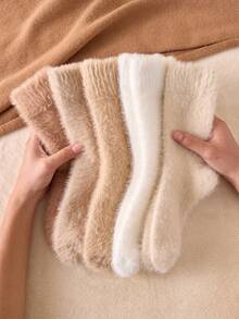 2/4 Pairs Women's Plush Thermal Warm Socks Simple Mink Plush Socks Mid-Calf Socks Crew Socks Thick Soft Fluffy Comfortable Socks Floor Socks, Christmas Gift, Random Color, Suitable For Fall&Winter, Cozy Socks - Multicolor - View 7