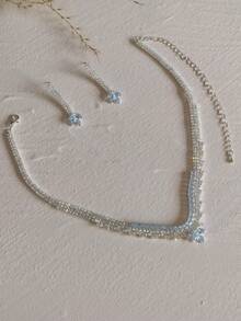 Elegant Luxury High-End Bridal Wedding/Banquet Dress Accessory Set - Rhinestone Teardrop Flower Pendant Earrings & Necklace 2 Pieces Jewelry Set