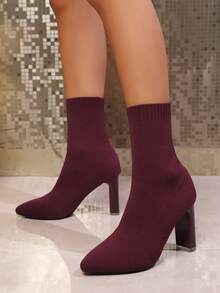 女士针织袜靴，尖头粗跟踝靴，性感风格，时尚设计，套穿弹力踝靴 - 酒紅色 - 查看 2