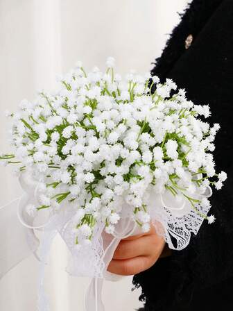 1 bukett konstgjord vit baby's breath-bukett med vit spetsdekoration, lämplig för bröllop, förlovning, alla hjärtans dag, årsdag, heminredning