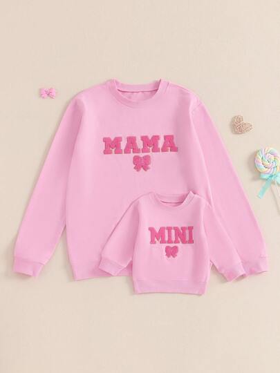 Mommy And Me Matching Outfits Christmas/Halloween Matching Sweatshirts Mama/Mini Letter And Bowknot Embroidery Long Sleeve Crewneck Pullover Shirt Blouse Top Mom And Daughter Matching Holiday Party Clothes