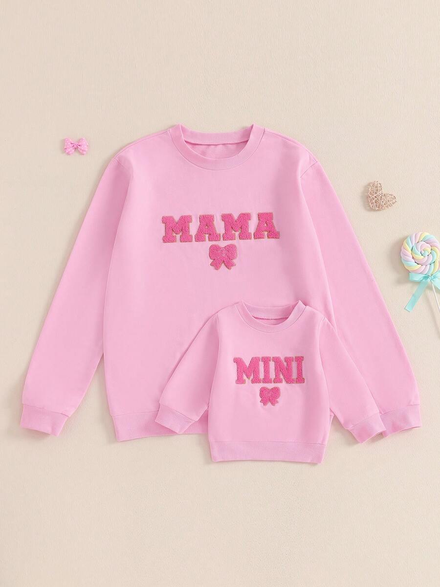 Family Matching Mommy And Me Sweatshirt Long Sleeve Crewneck Letter Bow Print Mama And Mini Pullover Tops - 粉色 - 查看 1