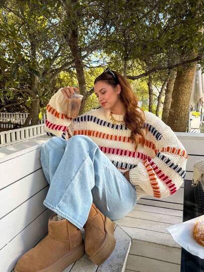 Plus Size Versatile Simple 2025 Autumn/Winter New Casual Fashion Retro Color Block Chunky Knit Loose Batwing Sleeve Sweater Basic Tops, Fall Clothes, Homecoming, Back To School, Casual, Halloween Clothes, Christmas Clothes For Date Night Women, Casual, New Year, Women's Winter Clothes, Saudi National Day, Chic, Brunch Outfits Winter Outfits For Women Sweater