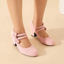 Enelauge Women's Mary Jane Heels With Bow Retro Closed Round Toe Pumps Sweet Ankle Strap Low Block Heels Chic Bowtie Vintage Dress Wedding Party Office Daily ShoesChristmas - 粉紅色絨面革 - 查看 11