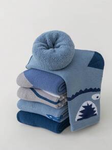 5 Pairs Boys' Crew Socks, Toddler Kids' Mid-Calf Socks, White & Blue, Color Block, Cartoon Letter, Striped, Shark Pattern, Plush Lining, Spring/Autumn & Winter, Thick, Suitable For Daily Wear, Gifts, Cute, Fashionable, Minimalist, Suitable For Daily Outfit, Students, Warm - Multicolor - View 9