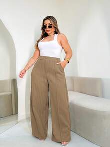 A&DD MODA, REF: H928(PLUS SIZE)Women's Striped Pants, High Waist Pants, Casual Straight Pants, Wide Leg Pants, Elegant Casual Look, Everyday Pants, Modern Style, Women's Striped Pants, Comfortable And Sophisticated Look, Work Pants, Uncomplicated Look, Lightweight Fabric Pants, Comfortable Women's Pants - 棕色 - 查看 2