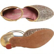 Character Shoes For Women, Woman Ballroom Dance Shoes, 1920s Flapper Shoes, Latin, Salsa, Party Dress Shoes Low Heels, Ankle Strap Pumps-2025 - 金色 - 查看 5
