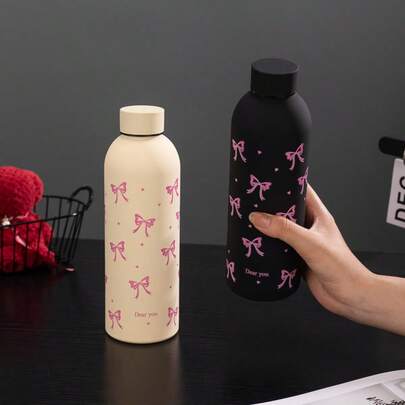 1pc 17oz/500ml Stainless Steel Double Wall Vacuum Insulated Water Bottle With Bowknot Design, Suitable For Travel, Gym, Outdoor Sports, Coffee Cup, Car Cup, All-Season Beverage Cup, Birthday, Holiday Gift