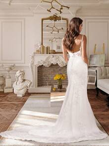 Elegant Sexy Lace Applique Embroidery Mermaid Wedding Dress For Bride,Open Back Tuyhe Formal Evening Party Dress Bridal Gowns,Romantic Church Ceremony Wedding Dress,Suitable For Wedding,Dating,Birthday Party,Singles' Party,Vacation,Formal Occasions,Dinner Dress,Prom Dress,Homecoming Dress,Cocktail Party - 白色 - 查看 2