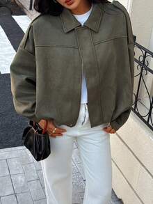 Seelio Autumn/Winter New Vintage Style Women Casual Versatile Suede-Like Green Jacket - Army Green - View 4