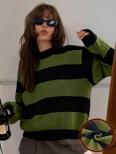 1 قطعة كنزة صوفية محبوكة مخططة بطراز عتيق وبسيط مخصصة للبنات والمراهقات