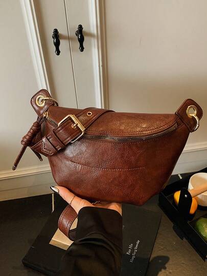 Women's Fashion Chain Chest Bag, PU Material, Zipper Closure, Portable Pouch To Carry Phone, Waist Bag, Solid Color Simple Style, Crossbody Bag For Shopping, Dating, Outing, Compact Size