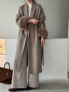 Women's Classic Shawl Collar Tie-Waist Long Double-Sided Wool Coat, Casual Extra Long Jacket For Autumn/Winter - Oatmeal - View 8