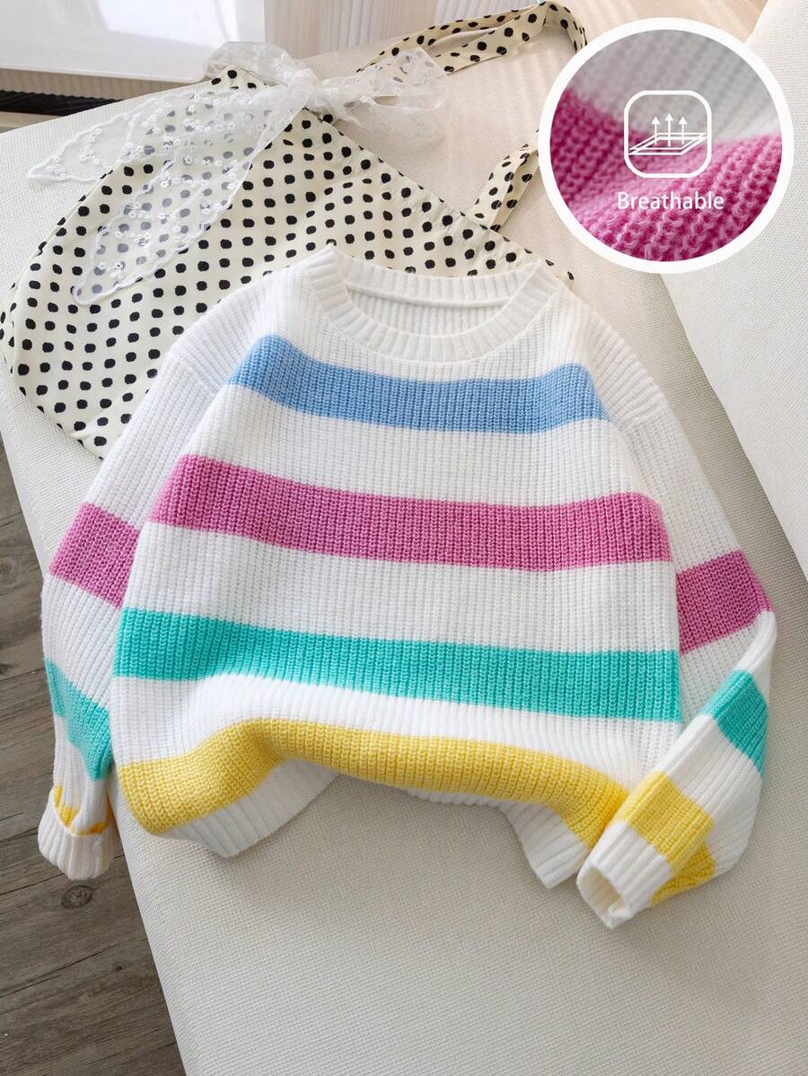 Girls' Colorful Striped Knit Pullover Sweater, Casual Everyday Wear, Suitable For Spring, Autumn, Winter - White - View 1