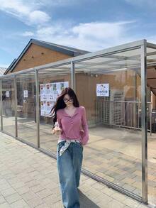 Women's Casual Button Design Long Sleeve T-Shirt, Korean Style, Autumn - Pink - View 4