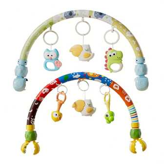 婴儿床夹，大喙鸟拱形床夹，恐龙，青蛙铃铛吊坠，配有三个可拆卸感官玩具，带弹簧铃铛的移动拱门，多感官体验，手推车拱门玩具
