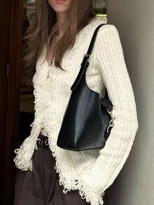 Women's Casual Design Solid Color V-Neck Slim Fit Long Sleeve Pullover Cardigan With Buttons, Tassel Trim, And Ripped Edges Fuzzy Trim Sweater Goth Punk Knit Outerwear, Spring Fall Winter - White - View 4