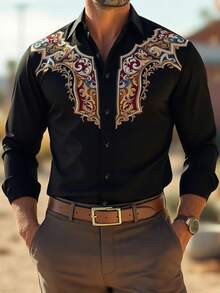 Men's Contrast Color Totem Print Shirt, Street Fashion, Long Sleeve Top