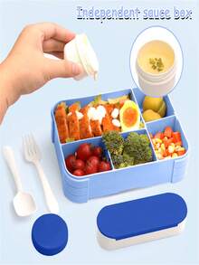 1 pièce Boîte à lunch portable avec ustensiles, tasse à salade, design carré pour micro-ondes - Grande boîte à lunch Bento 4 compartiments pour l'école, le bureau, les voyages, le camping, les pique-niques en plein air, le rangement de cuisine, convient aux filles et aux garçons, disponible en bleu, gris, jaune
