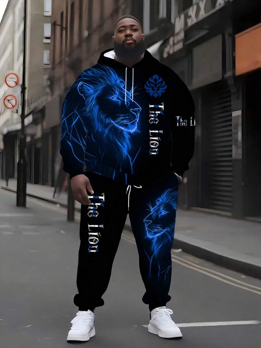 Conjunto de chándal de talla grande para hombres altos con estampado de león, estilo minimalista de moda, conjunto promocional de invierno, sudadera con capucha con cordón y pantalones, conjunto de 2 piezas, cómodo y holgado, adecuado para primavera, otoño e invierno