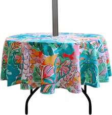 Mantel redondo de 60 pulgadas para interiores y exteriores, resistente al agua y con agujero para paraguas, en color licencia tropical - Cachemira - Ver 9