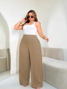 A&DD MODA, REF: H928(PLUS SIZE)Women's Striped Pants, High Waist Pants, Casual Straight Pants, Wide Leg Pants, Elegant Casual Look, Everyday Pants, Modern Style, Women's Striped Pants, Comfortable And Sophisticated Look, Work Pants, Uncomplicated Look, Lightweight Fabric Pants, Comfortable Women's Pants - 棕色 - 查看 3