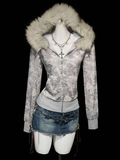 Women's Y2K Fitted Vintage Gothic Faux Fur Collar Camouflage Print Long Sleeve Hoodie Jacket, Slimming & Versatile, Autumn/Winter
