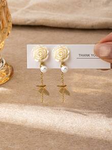 1 Pair Elegant Pearl Accent Heart Stud Earring, Camellia Flower Dangle Earring, Fall Winter Season Brown Color Earrings Jewelry For Everyday Wear And Gift Giving