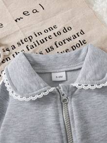 秋冬女宝宝休闲灰色宽松荷叶边领拉链夹克和高腰喇叭裤套装 - 灰色 - 查看 7