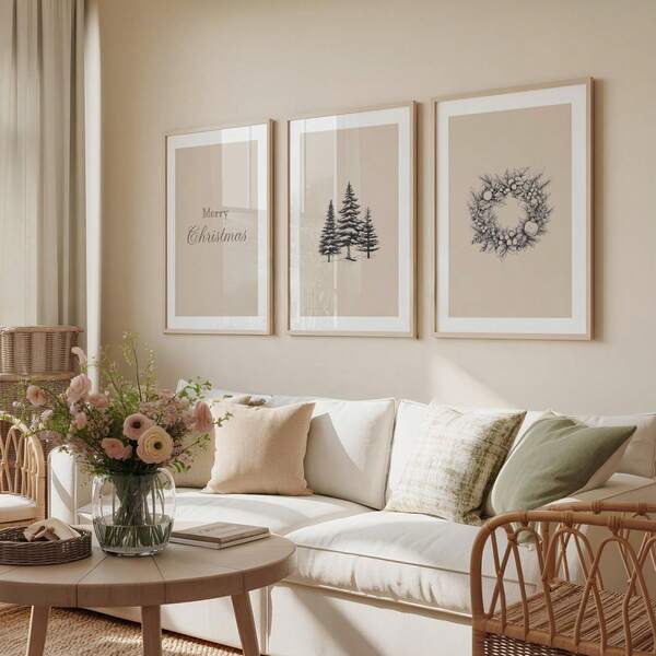 3pcs Triptych Holiday Decoration Wall Art Picture Black & Beige Christmas Canvas Print Paintings|Minimalist Christmas Decor For Bedroom, Living Room Or Office Home Decor, Vintage Christmas Poster, Christmas Gift For Her, Unframed Christmas Decoration XMAS Decor Christmas Tree Gift Decor Thanksgiving Wedding Home Decor Home Decor Fall Decor Autumn Decor Birthday Decorations For Gifts Party Supplies Indoor Holiday Festival Decor Halloween Decor Wall Decor Halloween Ornaments