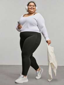 加大码女式高腰柔软运动紧身裤，修身健身跑步裤，带口袋，适合户外骑行、瑜伽